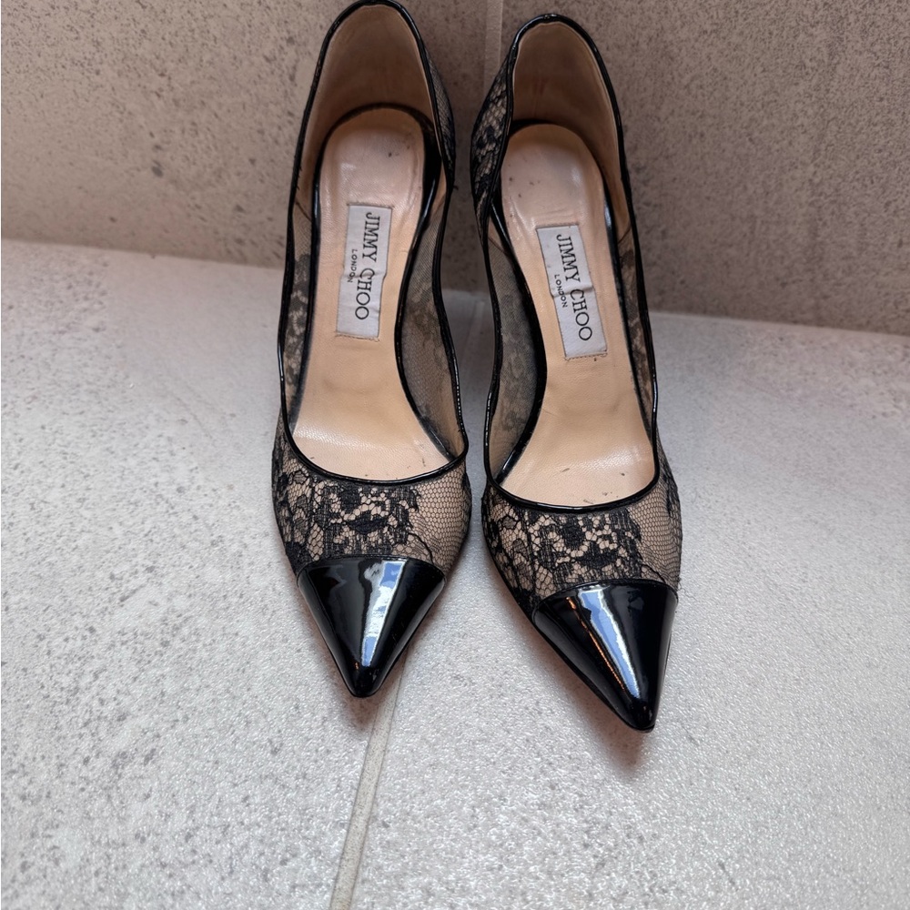 Jimmy Choo Black and Beige Lace Heels